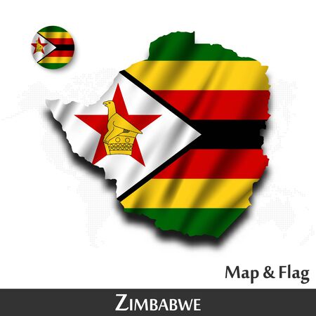 Zimbabwe map and flag . Waving textile design . Dot world map background . Vector .のイラスト素材
