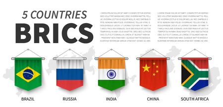 BRICS . Association of 5 countries . 3D realistic pennant hanging design . White isolated background and country map . Vector .のイラスト素材