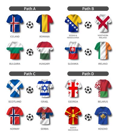 European soccer play-off draw 2020 . Group of international teams . Football jersey with waving country flag pattern . White theme background . Vector .のイラスト素材