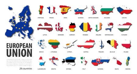 European union . EU . Set of flat design country map and national flag of member with shadow . White isolated background . Vector .のイラスト素材