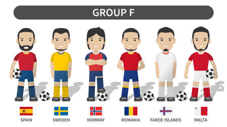 European soccer cup tournament qualifying draws 2020 and 2021 . Group F . Football player with jersey kit uniform and national flag . Cartoon character flat design . White theme background . Vector .のイラスト素材