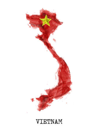 Vietnam map and flag watercolor painting design . Realistic drawing country shape . White isolated background . Vector .のイラスト素材