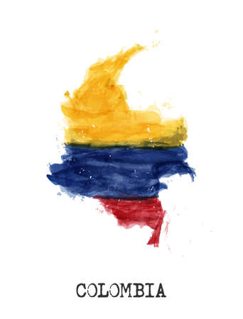 Colombia flag and map watercolor painting design . Realistic drawing country shape . White isolated background . Vector .のイラスト素材