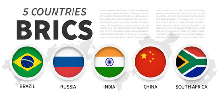 BRICS . Association of 5 countries . Simple circle flag with frame . White isolated background and country map . Vector .のイラスト素材