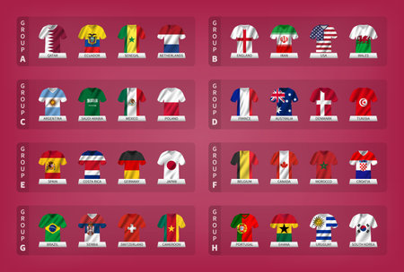 Qatar soccer cup tournament 2022 . 32 teams group stages with jersey and waving country flag pattern . Vector .のイラスト素材