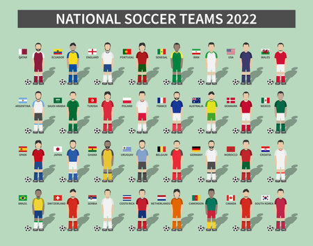 Qatar soccer cup tournament 2022 . 32 teams group stages and cartoon character with jersey and country flags . Vector .のイラスト素材