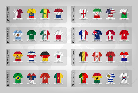 Qatar soccer cup tournament 2022 . 32 teams group stages with jersey and waving country flag pattern . Vector .のイラスト素材