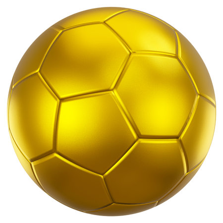 Golden soccer ball or football with leather texture . Isolated . Embedded clipping paths . 3D rendering .の写真素材