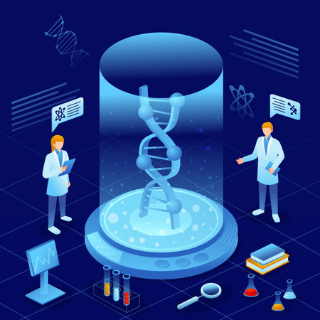 Genomics scene . Scientists are doing research in laboratory room . Genome therapy concept . Isometric design . Vector .のイラスト素材