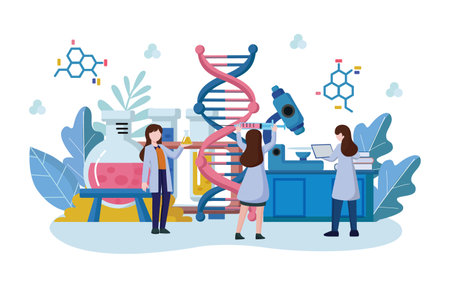 Genomics scene . Scientists are doing research in laboratory room . Genome therapy concept . Flat design . Vector .のイラスト素材