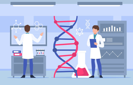 Genomics scene . Scientists are doing research in laboratory room . Genome therapy concept . Flat design . Vector .のイラスト素材