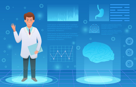 Medical holographic scene . Doctor is diagnose by health technology with patient body scan . Augmented Reality concept . Vector .のイラスト素材