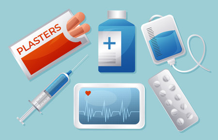 Set of medical and scientific equipments . Plasters . Syringe . Medicine bottle . Package of pill . Saline solution bag . ECG monitoring device . Vector .のイラスト素材