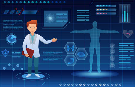 Medical holographic scene . Doctor is diagnose by health technology with patient body scan . Augmented Reality concept . Vector .のイラスト素材