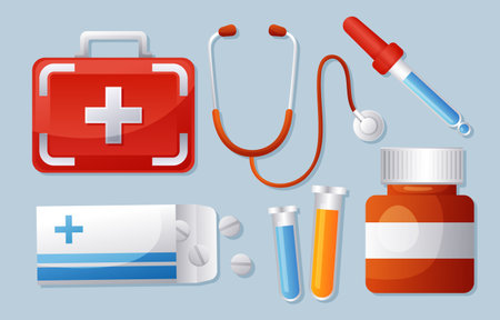 Set of medical and scientific equipments . Medicine bag . Stethoscope . Drug bottle . Medical box . Dropper . Test tube . Vector .のイラスト素材