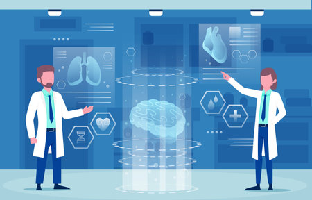 Medical holographic scene . Doctor is diagnose by health technology with patient body scan . Augmented Reality concept . Vector .のイラスト素材