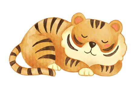 Tiger . Watercolor paint design . Cute animal cartoon character . Sleep position . Vector .のイラスト素材