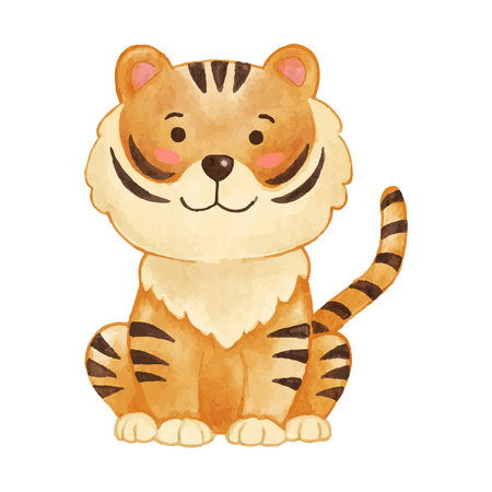 Tiger . Watercolor paint design . Cute animal cartoon character . Sit position . Vector .のイラスト素材