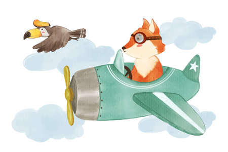 Fox drive airplane on sky with hornbill bird . Realistic watercolor paint with paper textured . Cartoon character design . Vector .のイラスト素材