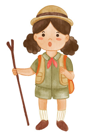 Girl scout with hiking suit hold scout stave . Realistic watercolor paint with paper textured . Cartoon character design . Vector .のイラスト素材