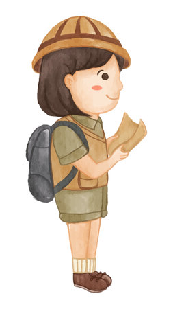 Girl scout with hiking suit hold map . Realistic watercolor paint with paper textured . Cartoon character design . Vector .のイラスト素材