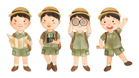 Collection of Boy scout with hiking suit . Realistic watercolor paint with paper textured . Cartoon character design . Vector .のイラスト素材