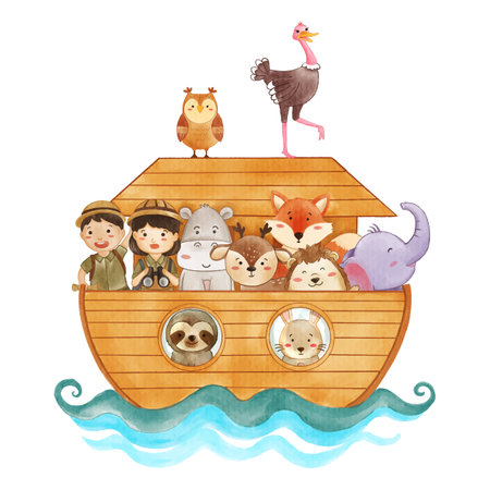 Noah 's ark with many wildlife animals . The flood concept . Realistic watercolor paint with paper textured . Cartoon character design . Vector .のイラスト素材