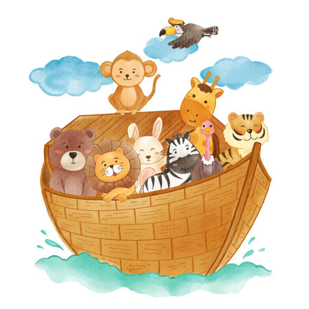 Noah 's ark with many wildlife animals . The flood concept . Realistic watercolor paint with paper textured . Cartoon character design . Vector .のイラスト素材
