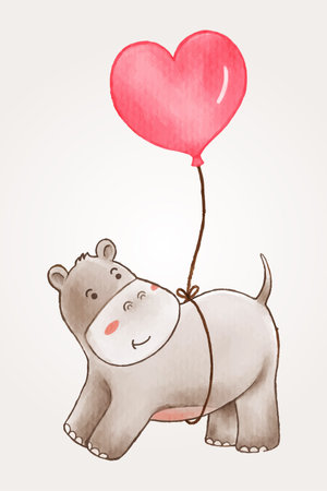 Hippopotamus was hanged with heart shape balloon . Valentine's day concept . Realistic watercolor paint with paper textured . Cartoon character design . Vector .のイラスト素材