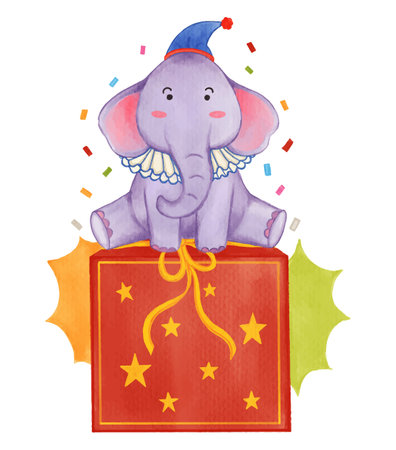 Elephant animal with circus costume sitting on magical box . Realistic watercolor paint with paper textured . Cartoon character design . Vector .のイラスト素材