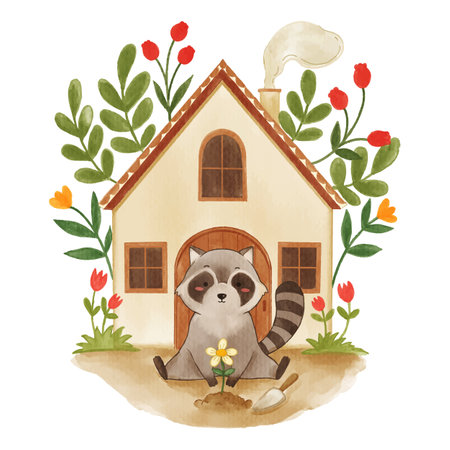 Raccoon animal and house with flower . Realistic watercolor paint with paper textured . Cartoon character design . Vector .のイラスト素材