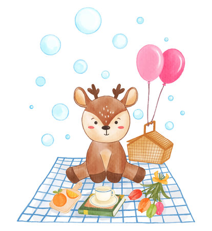 Deer animal and picnic object . Realistic watercolor paint with paper textured . Cartoon character design . Vector .のイラスト素材