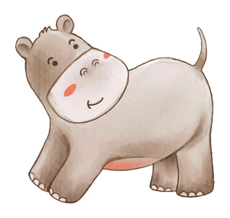Hippopotamus . Watercolor paint design . Cute animal cartoon character . Standing position . Vector .のイラスト素材