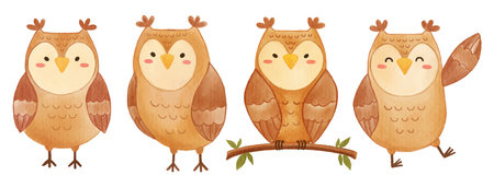 Owl bird . Watercolor painting design . Set of cute animal cartoon character . Vector .のイラスト素材