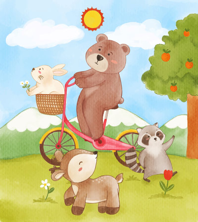 Many wildlife animals in garden . Bear ride bicycle and rabbit on basket . Raccoon and deer are walking on grass . Realistic watercolor paint design . Cartoon character . Vector .のイラスト素材