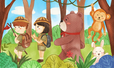 The adventure of wildlife animals and boy scout , girl scout in jungle . Watercolor paint design . Cartoon character . Vector .のイラスト素材