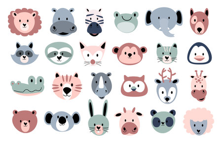 Wildlife animals head . Flat design . Vintage style . Vector illustration .のイラスト素材