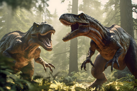 Two tyrannosaurus rex are fighting in pine forest . Created by generative AI .の素材