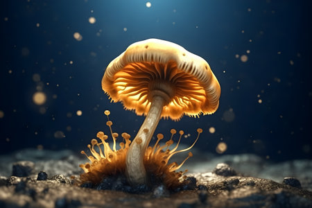 Mushroom with light beam . Created by generative AI .の素材