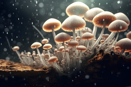 Mushroom with light beam . Created by generative AI .の素材
