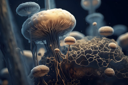 Mushroom with light beam . Created by generative AI .の素材