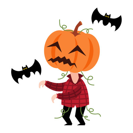 Scarecrow ghost with pumpkin head . Cute halloween cartoon characters . Vector .のイラスト素材