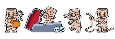 Set of cute Mummy cartoon characters . Halloween concept . Isolate white background . Vector .のイラスト素材