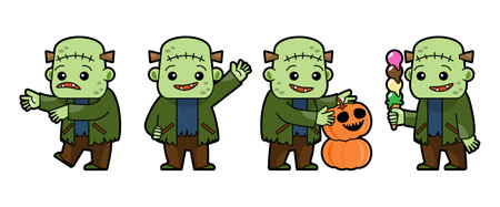 Set of cute Frankenstein cartoon characters . Halloween concept . Isolate white background . Vector .のイラスト素材