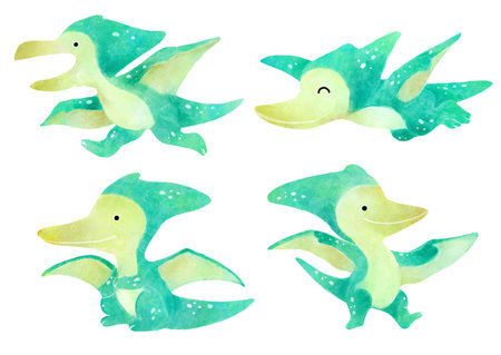 Pteranodon . Cute dinosaur cartoon characters . Watercolor paint design . Set 27 of 27 . Illustration .の写真素材