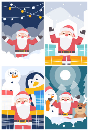 Set of  merry christmas and happy new year postcard, greeting card or invitation card . Flat santa claus cartoon character design . Set 1 of 4 . Vector .のイラスト素材