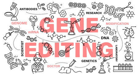 Gene editing . Biotechnology and genetic engineering concept . Word with line icon art banner style . Editable stroke . Vector .のイラスト素材