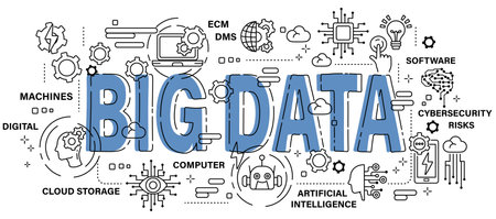 Big data . Technology and AI artificial intelligence concept . Word with outline icon art banner style . Editable stroke . Vector .のイラスト素材