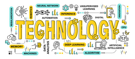 Technology . Word with outline icon art banner style . Editable stroke . Vector .のイラスト素材