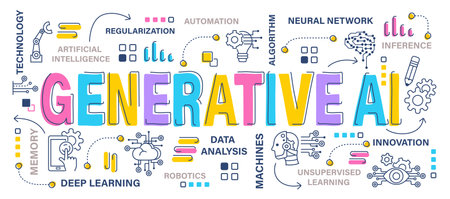 Generative AI . Artificial Intelligence concept . Word with outline icon art banner style . Editable stroke . Vector .のイラスト素材